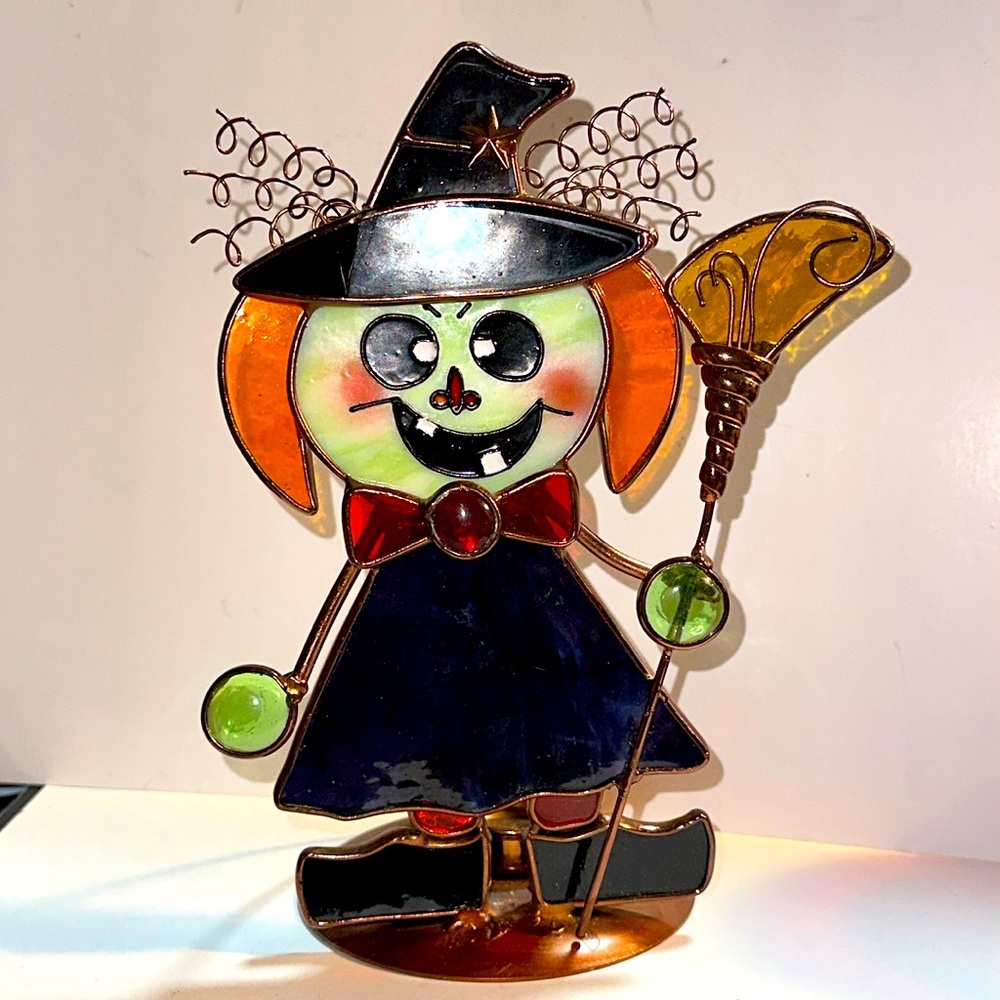Halloween Stained Glass Witch With Broom Candle Holder